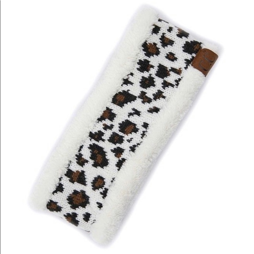 Ivory Sherpa lined, leopard print headband
